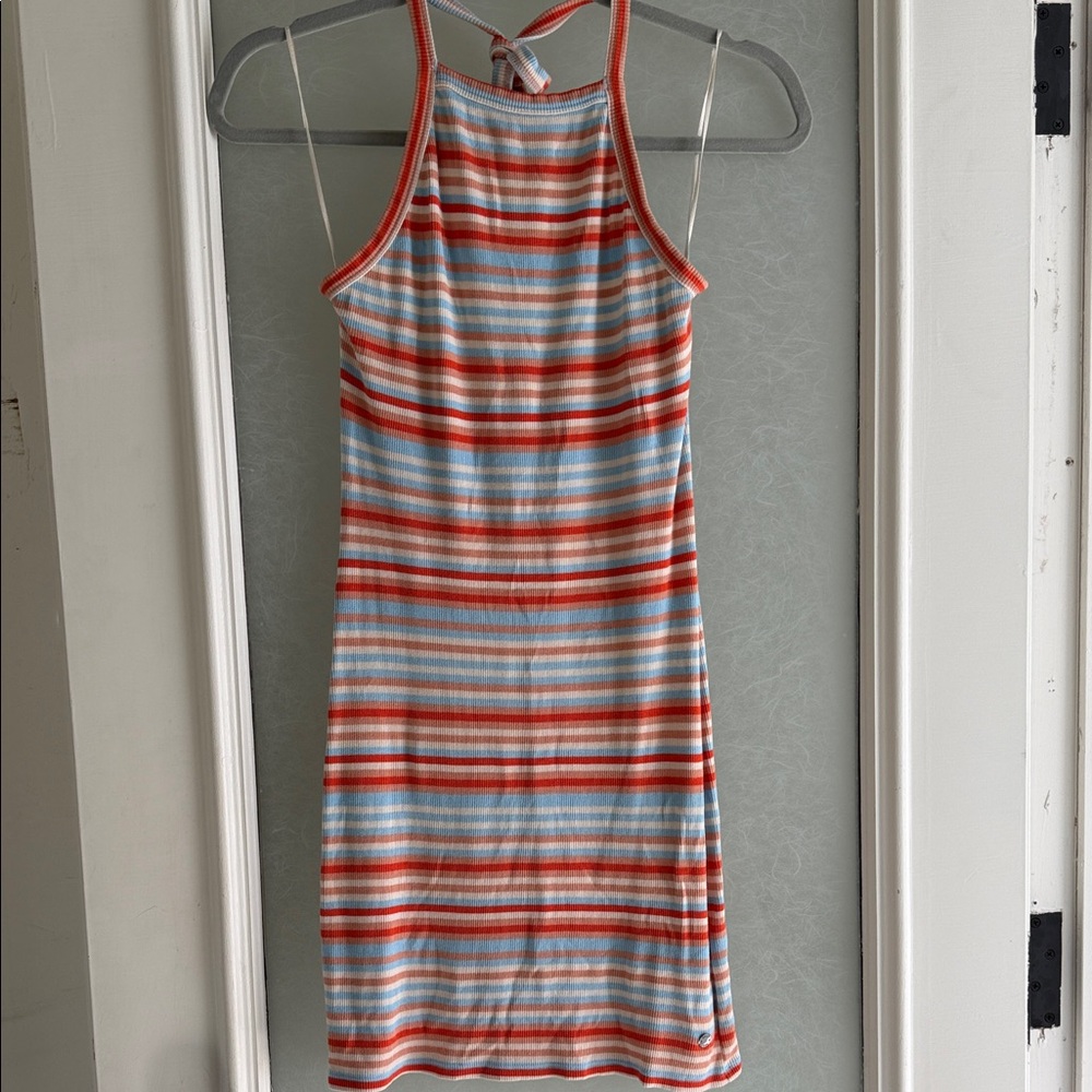 Roxy Striped Ribbed Halter Dress in Red and Light Blue